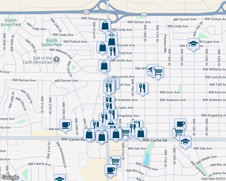 map of restaurants, bars, coffee shops, grocery stores, and more near 2009 Northwest Irwin Avenue in Lawton