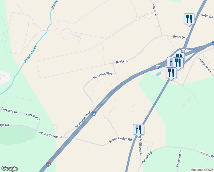 map of restaurants, bars, coffee shops, grocery stores, and more near 100 Innovation Way in Anderson