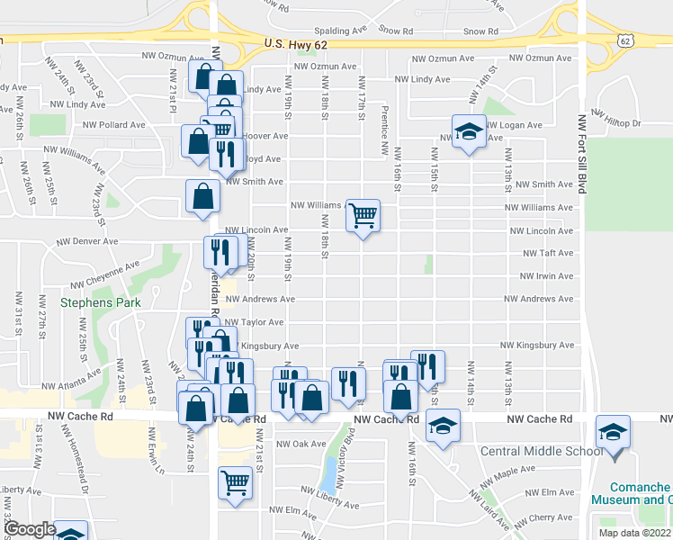 map of restaurants, bars, coffee shops, grocery stores, and more near 1713 Northwest Irwin Avenue in Lawton