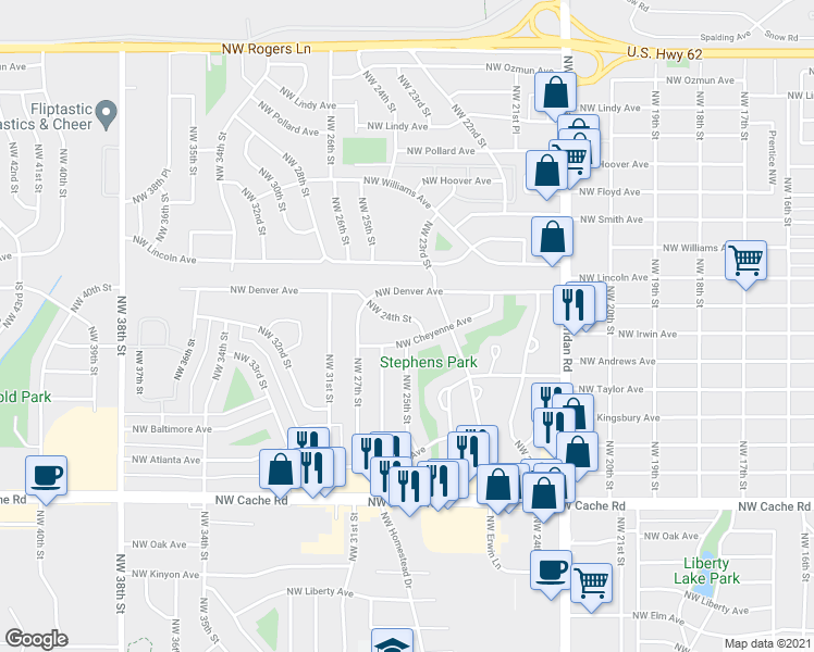 map of restaurants, bars, coffee shops, grocery stores, and more near 2010 Northwest 24th Street in Lawton