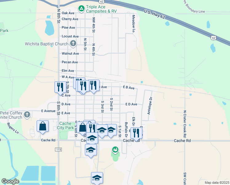 map of restaurants, bars, coffee shops, grocery stores, and more near 109 C Avenue in Lawton