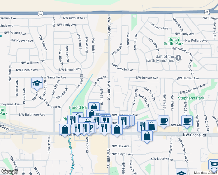 map of restaurants, bars, coffee shops, grocery stores, and more near 1908 Northwest 38th Street in Lawton