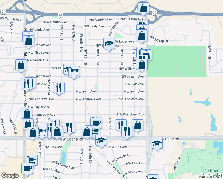 map of restaurants, bars, coffee shops, grocery stores, and more near 1405 Northwest Irwin Avenue in Lawton