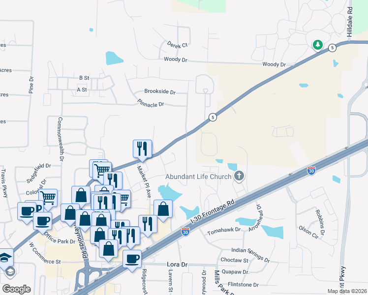 map of restaurants, bars, coffee shops, grocery stores, and more near 3815 Logan Ridge Drive in Bryant