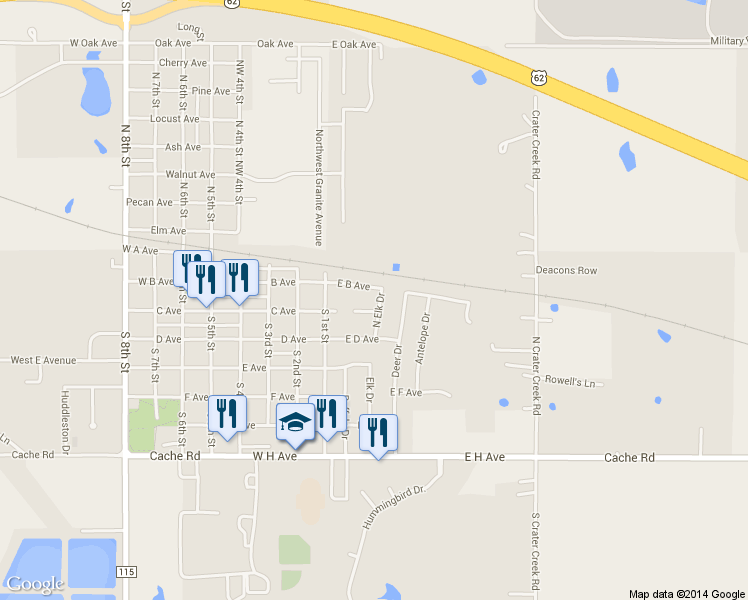 map of restaurants, bars, coffee shops, grocery stores, and more near 210 N Elk Dr in Cache