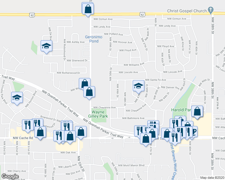 map of restaurants, bars, coffee shops, grocery stores, and more near 1711 Northwest 50th Street in Lawton
