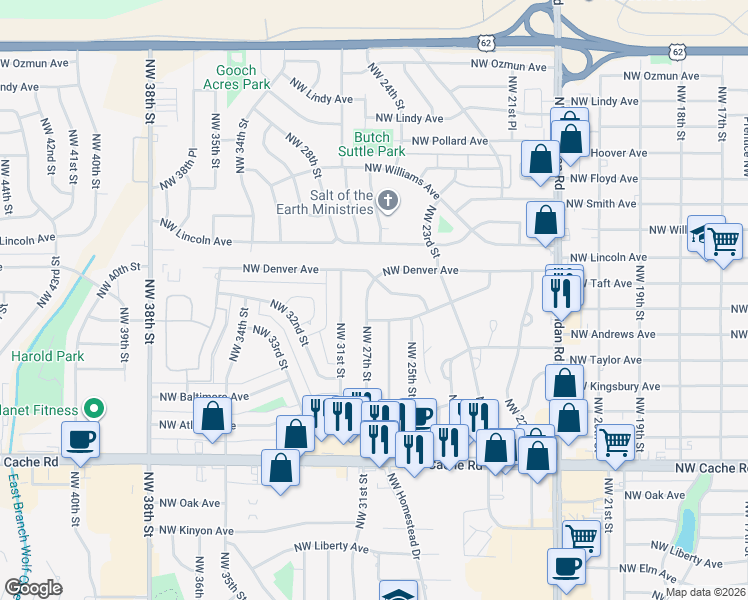 map of restaurants, bars, coffee shops, grocery stores, and more near 2011 Northwest 27th Street in Lawton