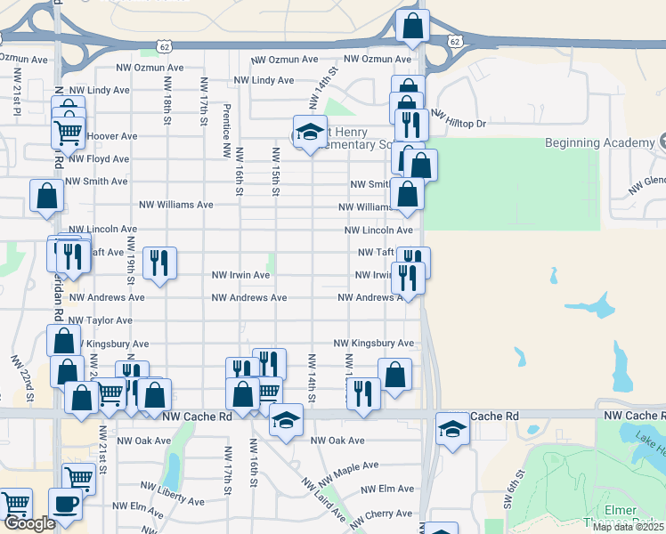 map of restaurants, bars, coffee shops, grocery stores, and more near 1307 Northwest Irwin Avenue in Lawton