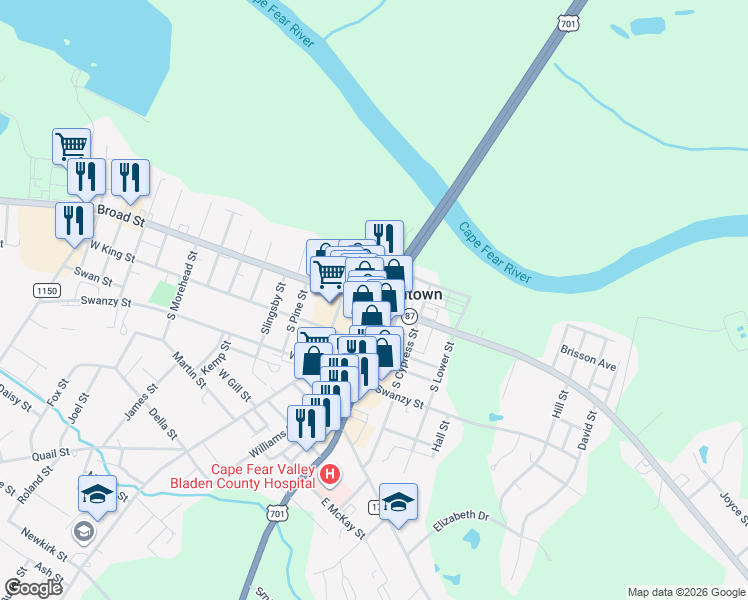 map of restaurants, bars, coffee shops, grocery stores, and more near 104 West Broad Street in Elizabethtown