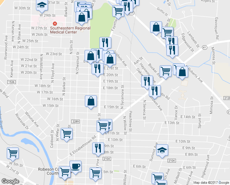 map of restaurants, bars, coffee shops, grocery stores, and more near 513 East 17th Street in Lumberton