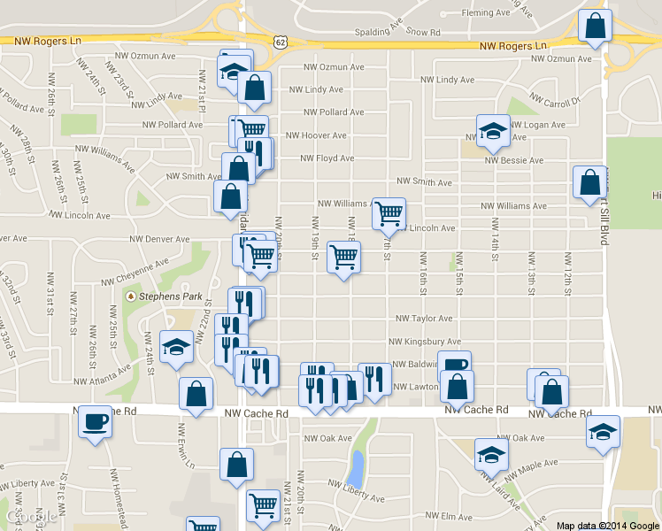 map of restaurants, bars, coffee shops, grocery stores, and more near 1809 Northwest Irwin Avenue in Lawton