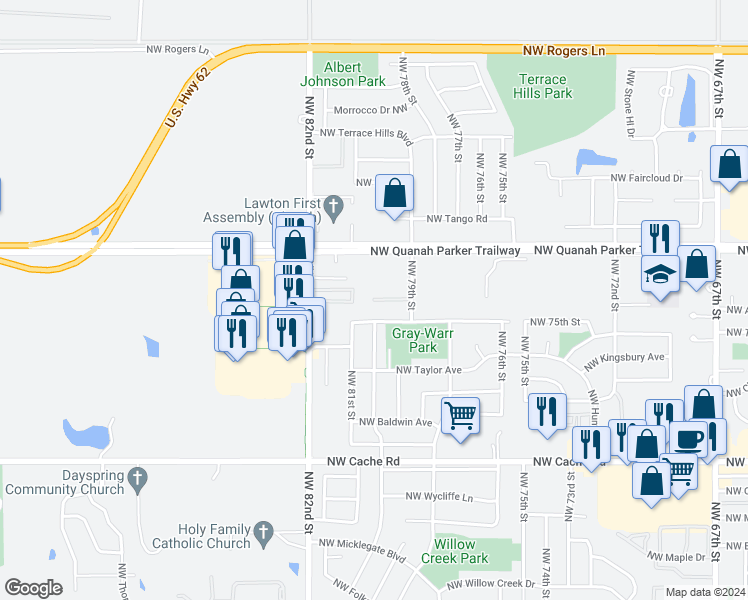 map of restaurants, bars, coffee shops, grocery stores, and more near 7946 Northwest Crossland Circle in Lawton