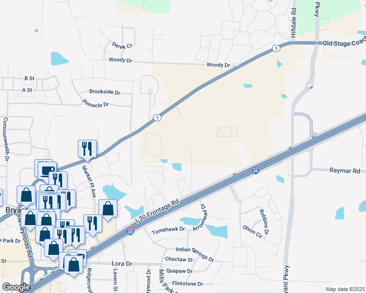 map of restaurants, bars, coffee shops, grocery stores, and more near 23790 Interstate 30 Frontage Road in Bryant