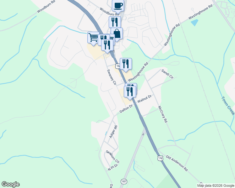 map of restaurants, bars, coffee shops, grocery stores, and more near 131 Weaver Way in Pendleton