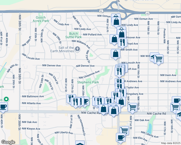map of restaurants, bars, coffee shops, grocery stores, and more near 2301 Northwest Cheyenne Avenue in Lawton