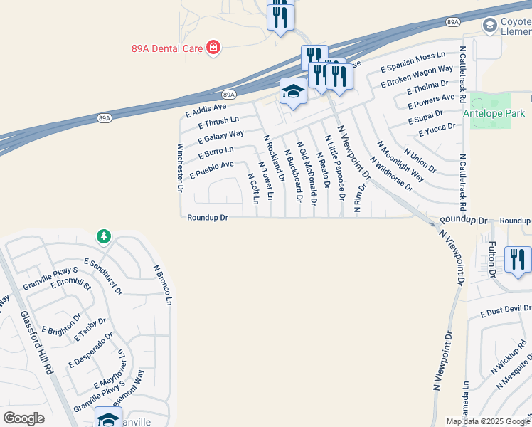 map of restaurants, bars, coffee shops, grocery stores, and more near 6000 North Tower Lane in Prescott Valley