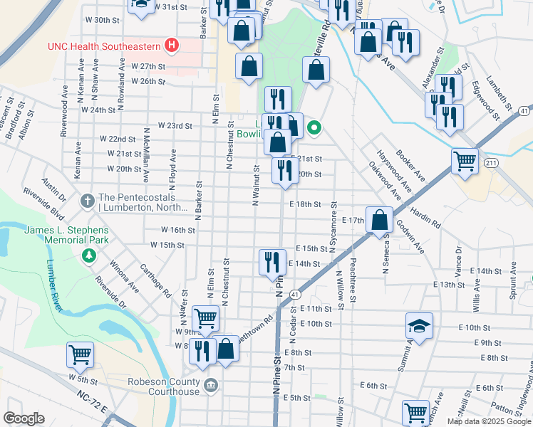 map of restaurants, bars, coffee shops, grocery stores, and more near 307 East 17th Street in Lumberton