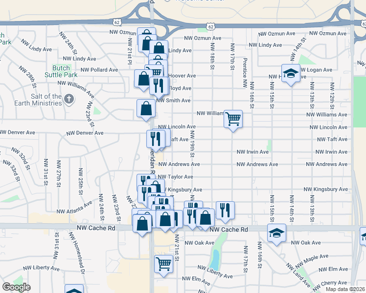 map of restaurants, bars, coffee shops, grocery stores, and more near 1907 Northwest Irwin Avenue in Lawton