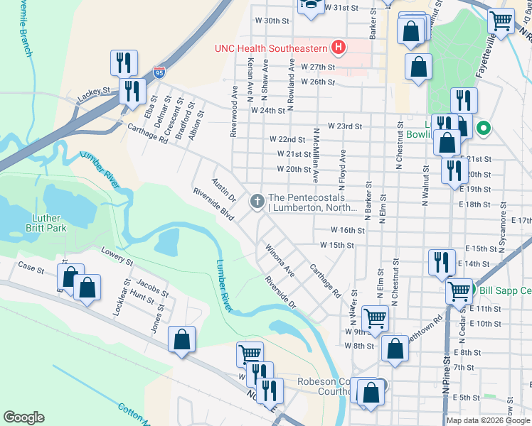 map of restaurants, bars, coffee shops, grocery stores, and more near 1875 Riverside Drive in Lumberton