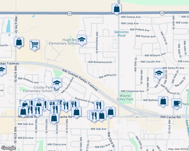 map of restaurants, bars, coffee shops, grocery stores, and more near 5506 Northwest Wilfred Drive in Lawton
