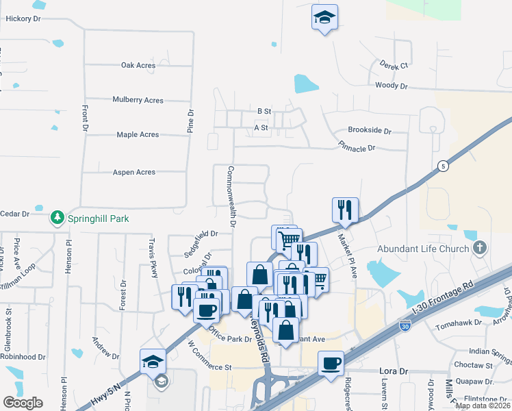 map of restaurants, bars, coffee shops, grocery stores, and more near 3619 Robinwood Circle in Bryant