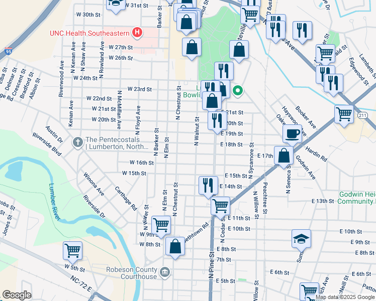map of restaurants, bars, coffee shops, grocery stores, and more near 207 East 17th Street in Lumberton
