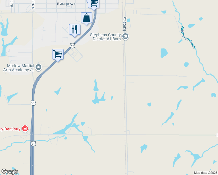 map of restaurants, bars, coffee shops, grocery stores, and more near 1500-1592 South Railroad Street in Marlow