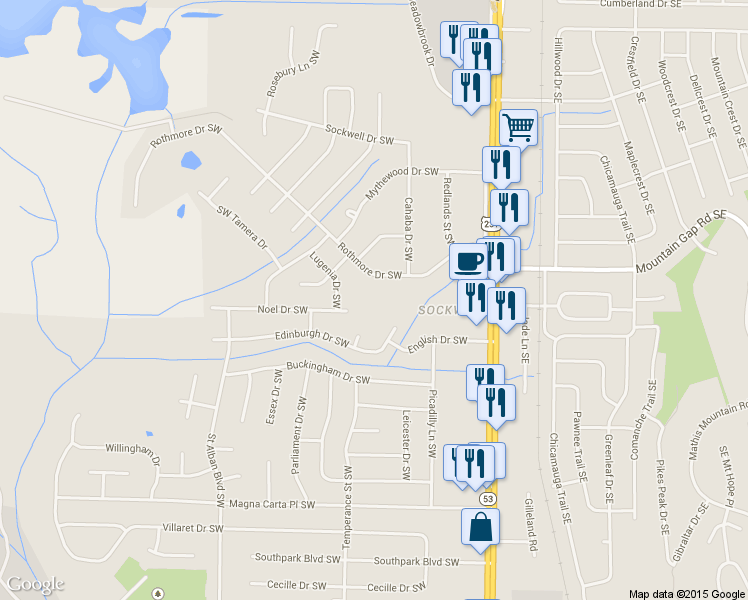 map of restaurants, bars, coffee shops, grocery stores, and more near 2015 Rothmore Drive Southwest in Huntsville