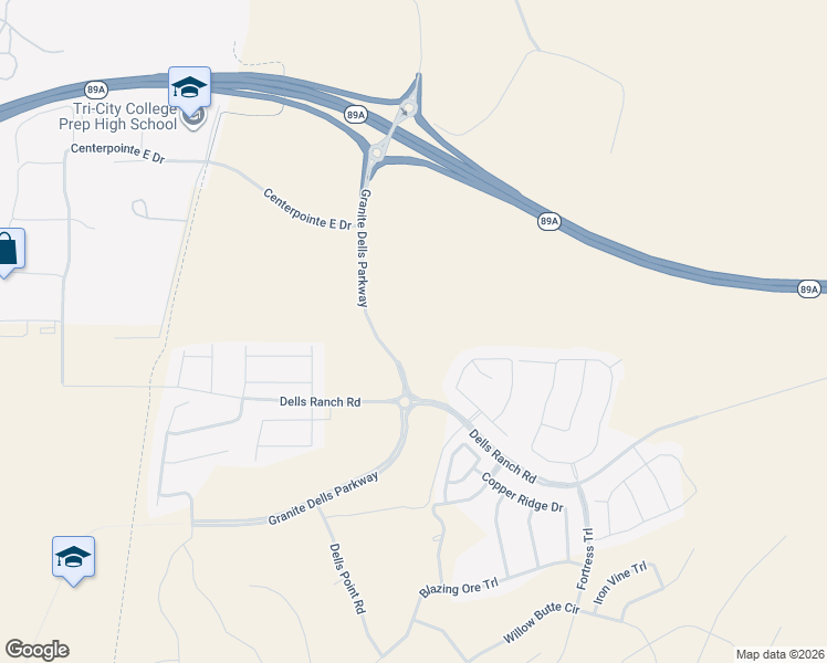 map of restaurants, bars, coffee shops, grocery stores, and more near Granite Dells Parkway in Prescott
