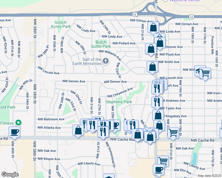 map of restaurants, bars, coffee shops, grocery stores, and more near 2010 Northwest 24th Street in Lawton