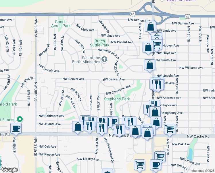 map of restaurants, bars, coffee shops, grocery stores, and more near 2010 Northwest 24th Street in Lawton