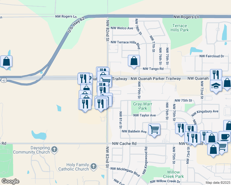 map of restaurants, bars, coffee shops, grocery stores, and more near 1821 Northwest 82nd Street in Lawton