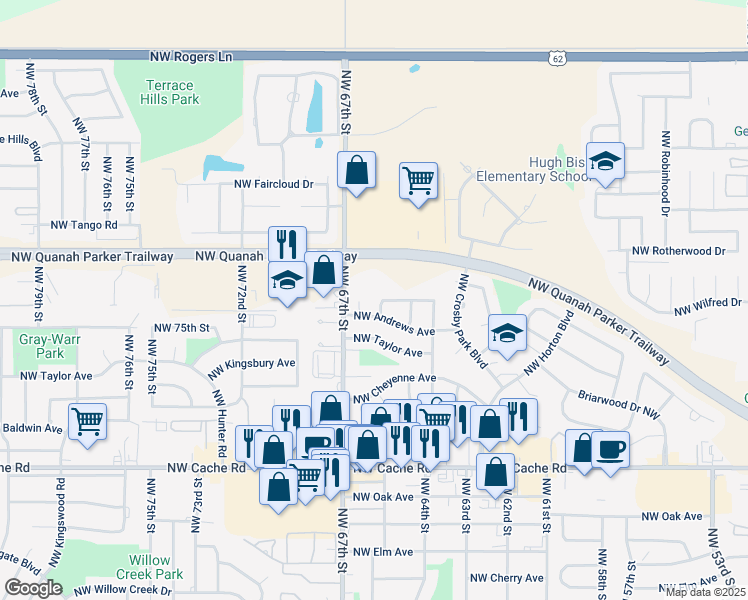 map of restaurants, bars, coffee shops, grocery stores, and more near 6329 Northwest Irwin Avenue in Lawton