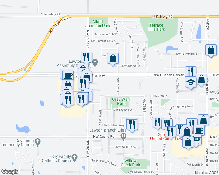 map of restaurants, bars, coffee shops, grocery stores, and more near 7933 Northwest Crossland Circle in Lawton