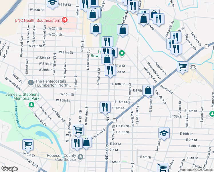 map of restaurants, bars, coffee shops, grocery stores, and more near 307 East 17th Street in Lumberton
