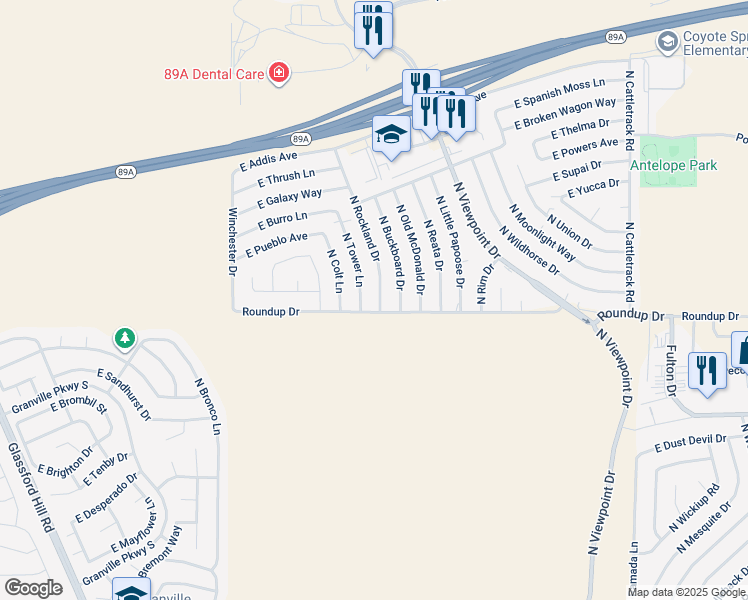 map of restaurants, bars, coffee shops, grocery stores, and more near 6000 North Tower Lane in Prescott Valley