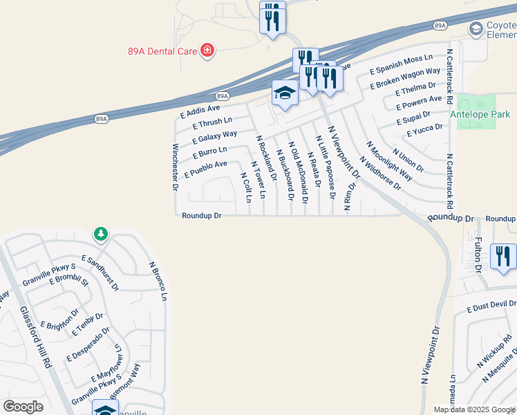 map of restaurants, bars, coffee shops, grocery stores, and more near 6000 North Tower Lane in Prescott Valley