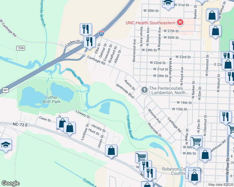 map of restaurants, bars, coffee shops, grocery stores, and more near 1875 Riverside Drive in Lumberton