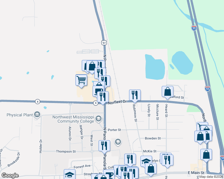 map of restaurants, bars, coffee shops, grocery stores, and more near Allen in Senatobia