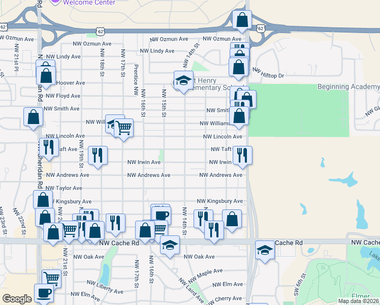 map of restaurants, bars, coffee shops, grocery stores, and more near 1326 Northwest Taft Avenue in Lawton