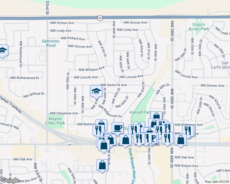 map of restaurants, bars, coffee shops, grocery stores, and more near 1624 Northwest 45th Street in Lawton