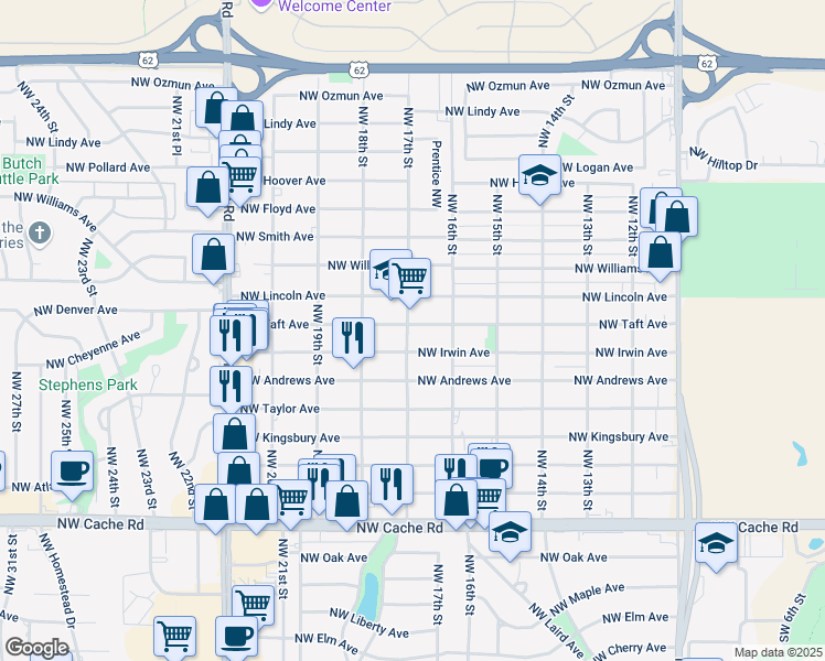 map of restaurants, bars, coffee shops, grocery stores, and more near 1618 Northwest Taft Avenue in Lawton