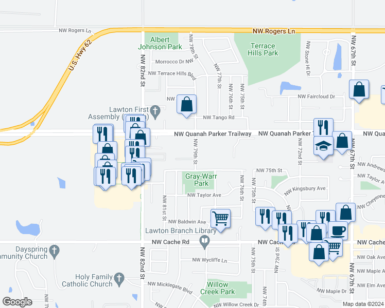 map of restaurants, bars, coffee shops, grocery stores, and more near 7907 Northwest Crossland Circle in Lawton