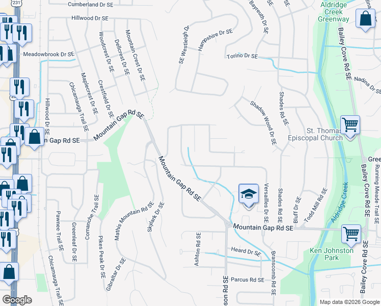 map of restaurants, bars, coffee shops, grocery stores, and more near 612 Garv Circle Southeast in Huntsville