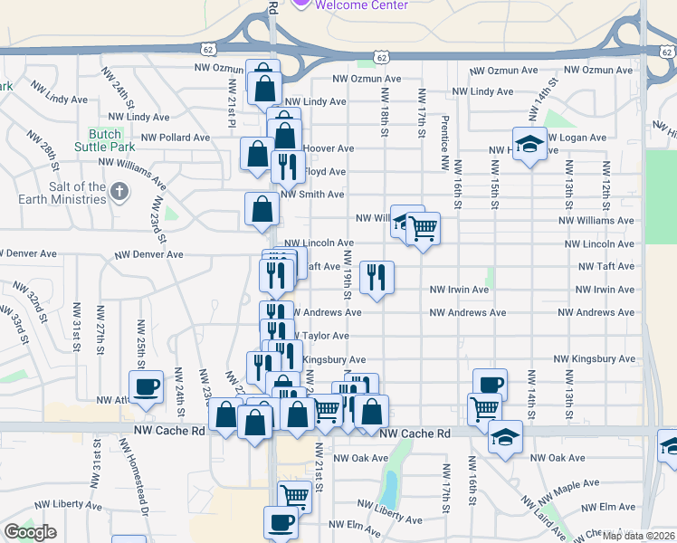 map of restaurants, bars, coffee shops, grocery stores, and more near 1907 Northwest Irwin Avenue in Lawton