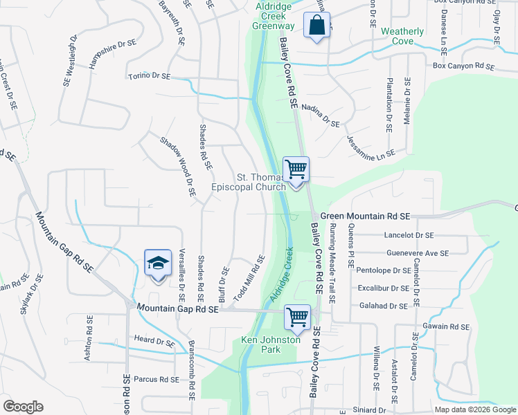 map of restaurants, bars, coffee shops, grocery stores, and more near 10100 Todd Mill Road Southeast in Huntsville