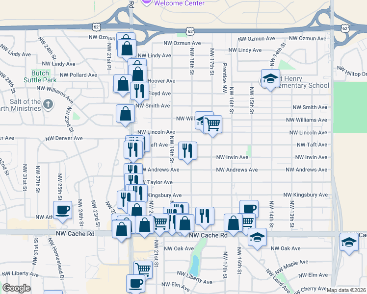 map of restaurants, bars, coffee shops, grocery stores, and more near 1809 Northwest Irwin Avenue in Lawton