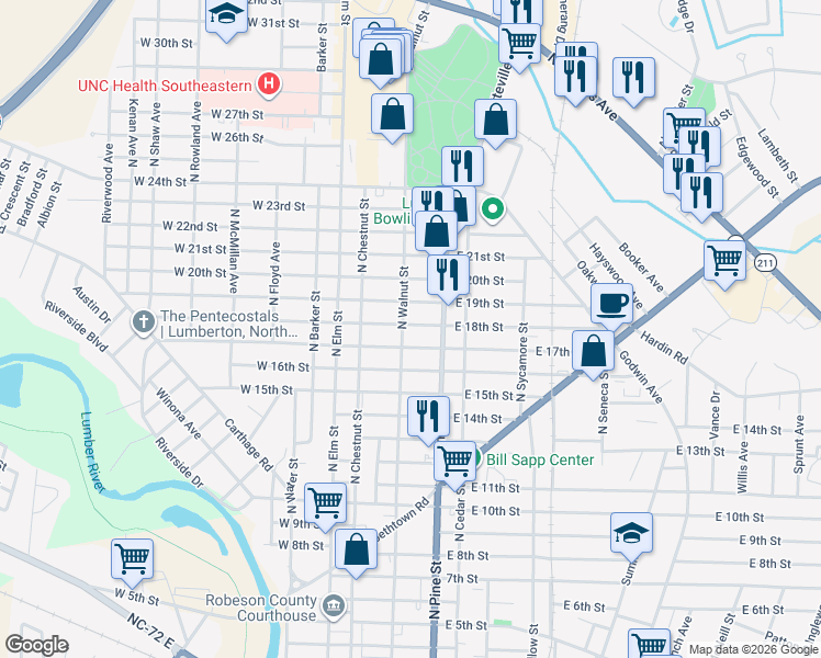 map of restaurants, bars, coffee shops, grocery stores, and more near 307 East 17th Street in Lumberton
