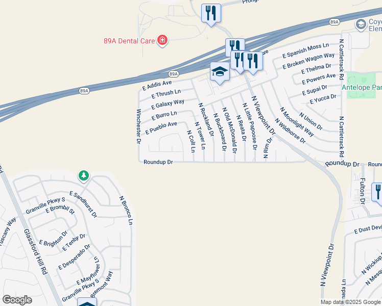 map of restaurants, bars, coffee shops, grocery stores, and more near 6001 North Dodge Drive in Prescott Valley