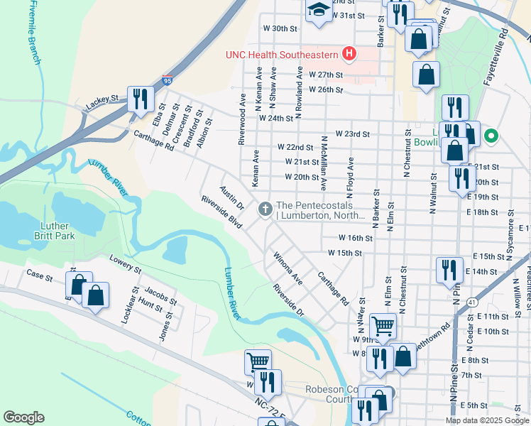 map of restaurants, bars, coffee shops, grocery stores, and more near 1007 Riverside Drive in Lumberton
